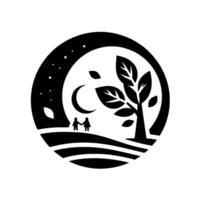 Black and white circular illustration featuring a couple holding hands beneath a crescent moon, with stars and a tree on a layered landscape. vector
