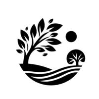 YinYang Inspired, Modern Minimalist Depicting Two Trees, Sun, and Serene Landscape Within a Circular Frame, in Black and White. vector