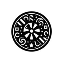 Abstract Black and White Circular Featuring Geometric Shapes, Stars, and Stylized Elements within a Decorative Frame. vector
