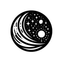 YinYang Cosmic Fusion A Celestial Featuring Stars, Moons, and Striped Elements in a Black and White, Minimalist Aesthetic vector