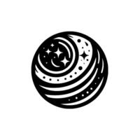 A circular black and white illustration of a celestial body, featuring a crescent moon, stars, and concentric lines, evoking a sense of cosmic elegance. vector