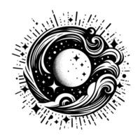 A stylized black and white celestial emblem featuring a textured moon encircled by swirling cosmic elements, stars, and radiating bursts, suggestive of magic and mystery. vector