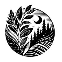 Circular Nature Illustration Silhouetted Leaves, Trees, and Crescent Moon in a Black and White, Geometric . vector