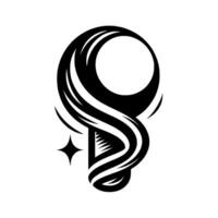 Artistic Black and White Stylized Light Bulb with Flowing HairLike , Geometric Elements, and Sparkle on a White Background. vector