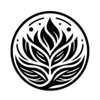 Intricate, symmetrical black and white botanical within a circle, featuring stylized leaves, flames, and embellishments, evoking a sense of balance and nature. vector