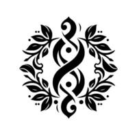 Symmetric Black and White Floral Motif with Intertwined Abstract Shapes and Leafy Wreath . vector