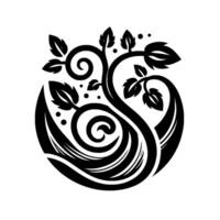 Black and White Ornamental Circular composition of stylized branches, leaves, spirals, and dots, creating a balanced, elegant, and natureinspired emblem. vector