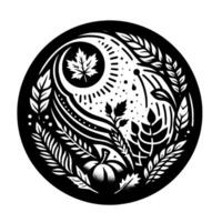 Black and white circular illustration of an autumnal harvest scene with a maple leaf, a pumpkin, leaves, and wheat. vector