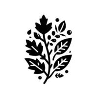 Stylized Black and White Botanical Illustration of Leaves, Berries, and Droplets on a Branch, Isolated. vector