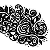 Abstract Black and White Swirling Candy, Leaves, and Geometric Elements in a Bold, Decorative Composition. vector