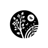 Minimalist black and white circular illustration of a stylized tree with berries, butterflies, a sun or moon with a flying insect, and a landscape with a rainbow. vector