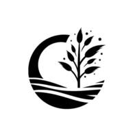 Stylized black and white emblem depicting a plant in a circular landscape, representing growth and nature. vector