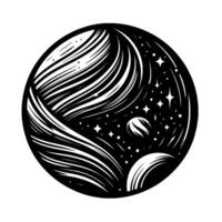 Black and White Cosmic Illustration Circular Composition of Planets, Swirling Nebulae, and Starry Space within a Decorative Sphere. vector