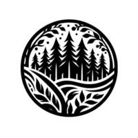 Intricate black and white circular illustration depicting a silhouetted forest scene with stylized trees, foliage, and decorative elements. vector