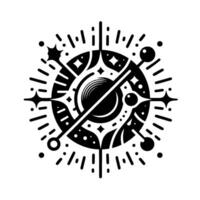 Black and white minimalist celestial illustration featuring a central cosmic sphere, radiating stars, and decorative line patterns. vector