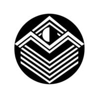 Geometric black and white featuring layered mountain forms with a crescent moon inside a black circular frame. vector