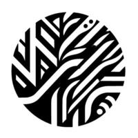 Geometric abstract of stylized organic forms within a black and white circular frame, creating visual depth and contrast. vector