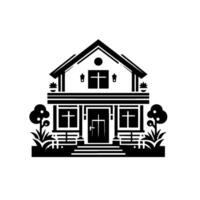 Modern Black and White Illustration of a Cozy TwoStory House with Landscaping Elements, Featuring a Simple, Clean . vector