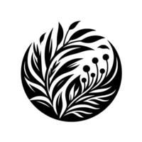 Circular black and white botanical illustration of foliage and berries, with a minimalist on white background. vector