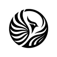 A symmetrical, minimalist of a bird within a circle, rendered in bold black lines on a white background. The bird is stylized with open wings. vector