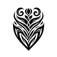 Bold, symmetrical tribal tattoo featuring a stylized floral motif within a shield or heartlike structure, against a stark white background. vector