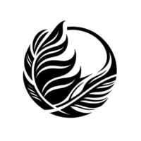 Black and white stylized feather , enclosed in a circular frame, minimalist and artistic. vector