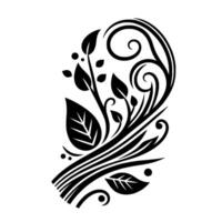 Elegant black and white ornamental featuring stylized leaves, swirling lines, and delicate botanical elements. vector