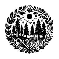 A stylized circular illustration of a forest scene, featuring pine trees, foliage, a sun, and birds, all framed within a leafy border. vector
