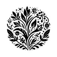 A symmetrical, minimalist floral in a circular frame with black botanical elements, contrasting against a stark white background, emphasizing organic shapes. vector