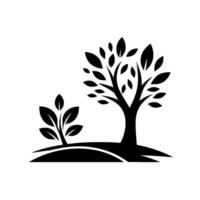 Monochromatic depiction of a mature tree beside a sapling on a curved landscape, representing growth and natures cycle, against a stark white background. vector