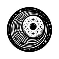 Intricate Black and White Cosmic Eye Circular Pattern of Spiraling Lines, Starburst Core, and Stellar Border, Abstract on White. vector