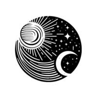 A monochromatic, celestial depicting the sun, moon, stars, and cosmic lines within a circular frame, symbolizing day and night. vector