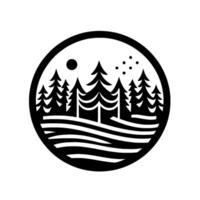 Circular black and white minimalist illustration of a forest scene with pine trees, a sun, and stars over a layered landscape. vector