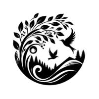 Black and White Nature Silhouette Birds in Flight Over Forest and Mountains, Circle Composition, Branching Tree. vector