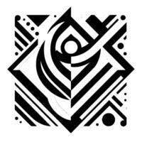 Abstract Geometric Composition in Black, White, and Gray Featuring Curvilinear Elements, Straight Lines, and Dot Accents in a Symmetrical Arrangement. vector