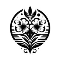 Symmetrical Black and White Floral within an Orb, featuring two flowers and intricate leaf details for decorative purposes. vector