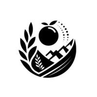 Black and White Minimalist Featuring Fruit, Mountain, and Leaf Elements Enclosed Within a Circle vector