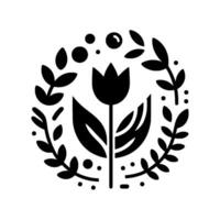 A minimalist black floral emblem featuring a tulip encircled by a leafy wreath and scattered dots, set against a pristine white backdrop. vector
