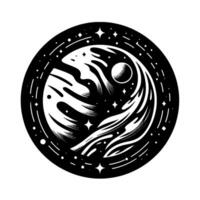 Abstract Black and White Cosmos Art Depicting Celestial Body, Nebulae, and Stars within Circular Frame. vector