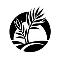 Stylized Black and White Tropical Illustration Palm Branches Within a Circular Frame, Suggesting Sun and Landscape. vector