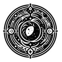 Intricate circular black and white celestial featuring a central moon and starburst patterns, evoking cosmic mystery and ancient artistry. vector