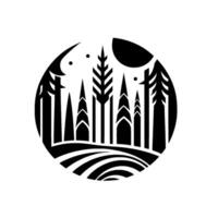 Black and White Geometric Forest Scene in Circle with Moon, Crescent, and Star Elements, Featuring Simplified Tree Forms. vector
