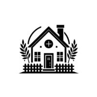 illustration of a charming, symmetrical house with a picket fence, flanking foliage, and a cross emblem. vector