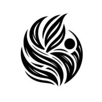 Stylized Black and White Abstract Featuring a Circular Composition of Flowing Lines, LeafLike Shapes, and a Central Dot. vector