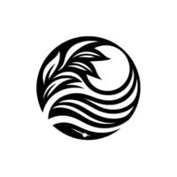 Circular Black and White Abstract Composition of Leaves and Waves in a Stylized, Minimalist Aesthetic. vector