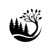 Elegant black and white illustration of a forest scene within a circle, featuring silhouetted evergreens, a stylized tree with leaves, and a flowing landscape. vector