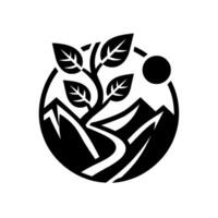 Monochrome circular featuring a stylized mountain range, a winding path, a tree with leaves, and a sun , all encased within a circular frame. vector