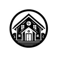 Stylized Black White House Illustration Within a Circle, featuring a cross symbol, symmetrical , and minimalist aesthetic. vector