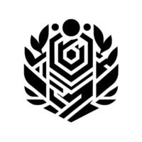 Black and White Geometric Emblem with Hexagon Center, Foliage Border and Dot Accents, Minimalist . vector
