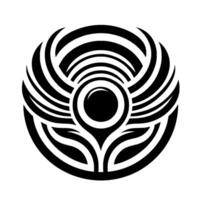 Intricate Black and White Circular Symbol Abstract Geometric with Eyelike Center and Curved Winglike Elements. vector
